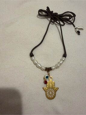 Handcrafted Gold Hamsa Necklace with Pearls and Evil Eye